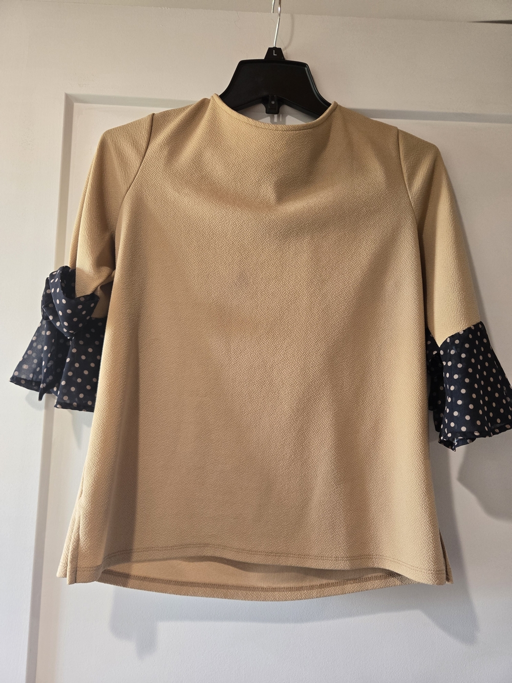 Tan Blouse with Black Polka Dot Ruffle Sleeves